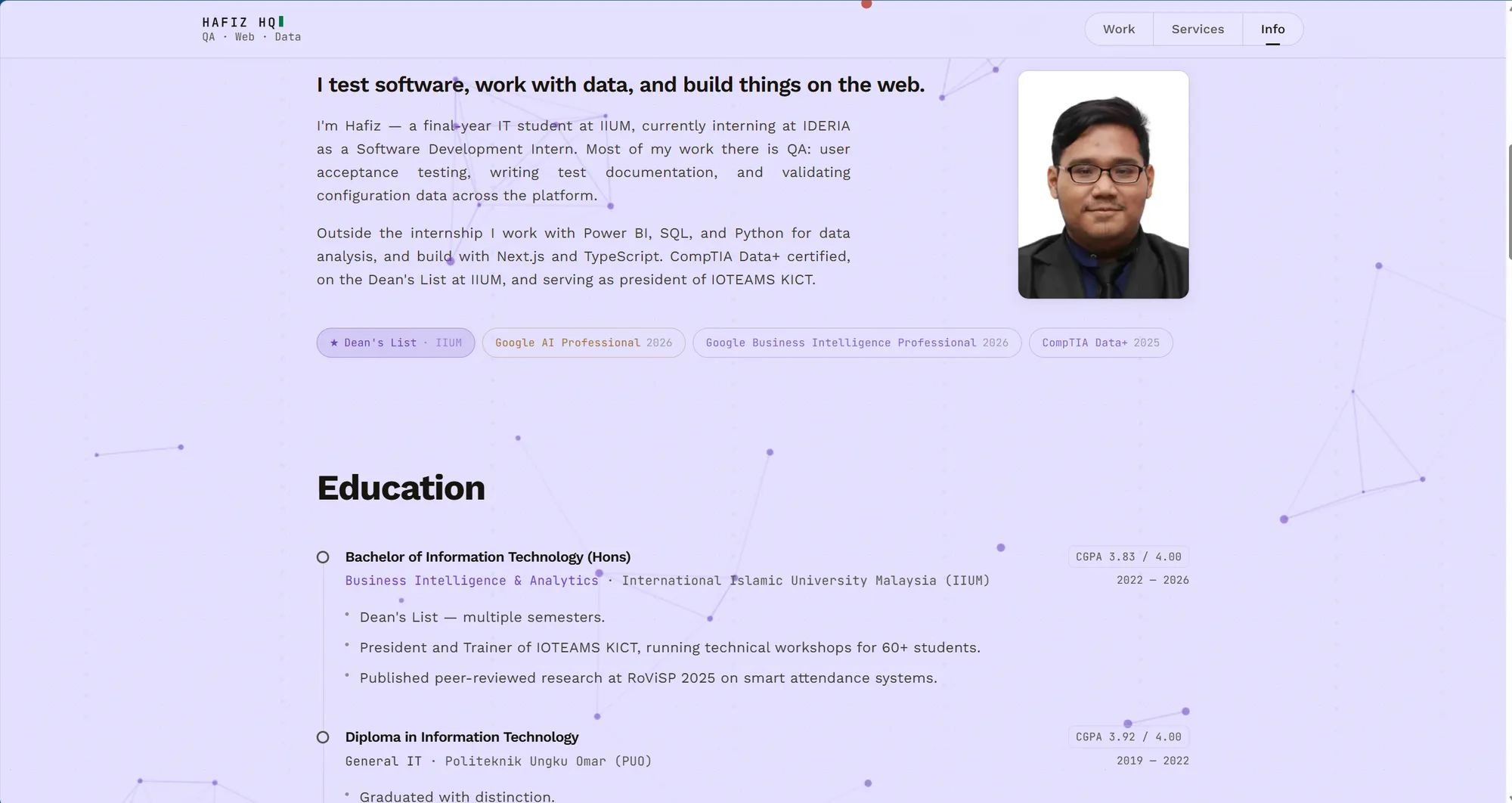 About and education sections on the Info surface