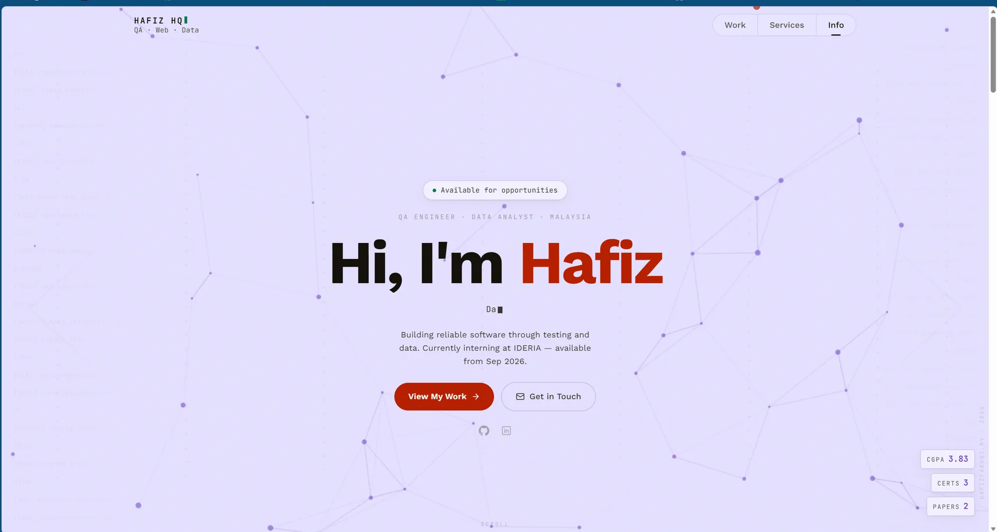Hafiz HQ homepage hero over the interactive particle substrate