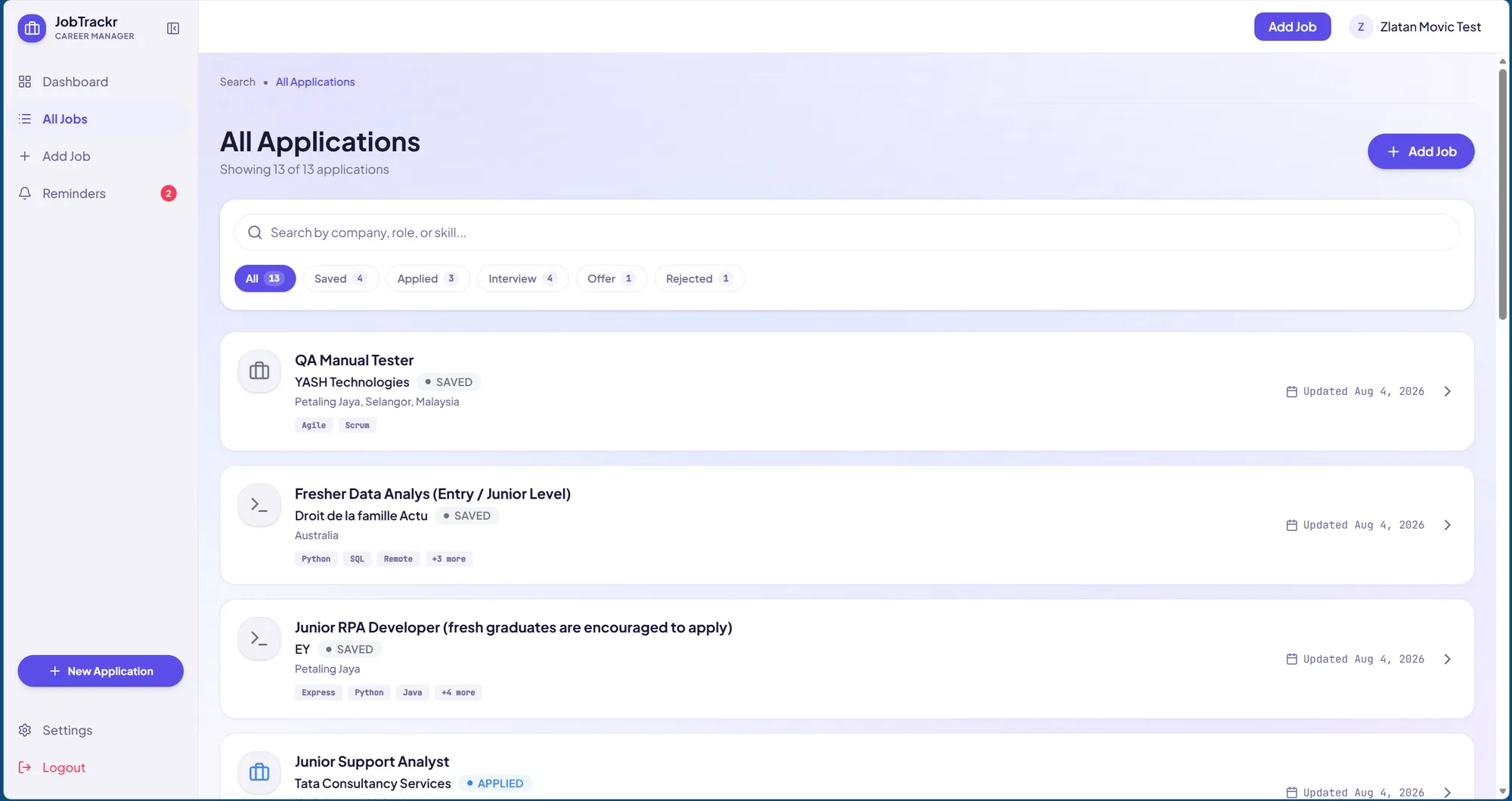 Filterable list of all applications