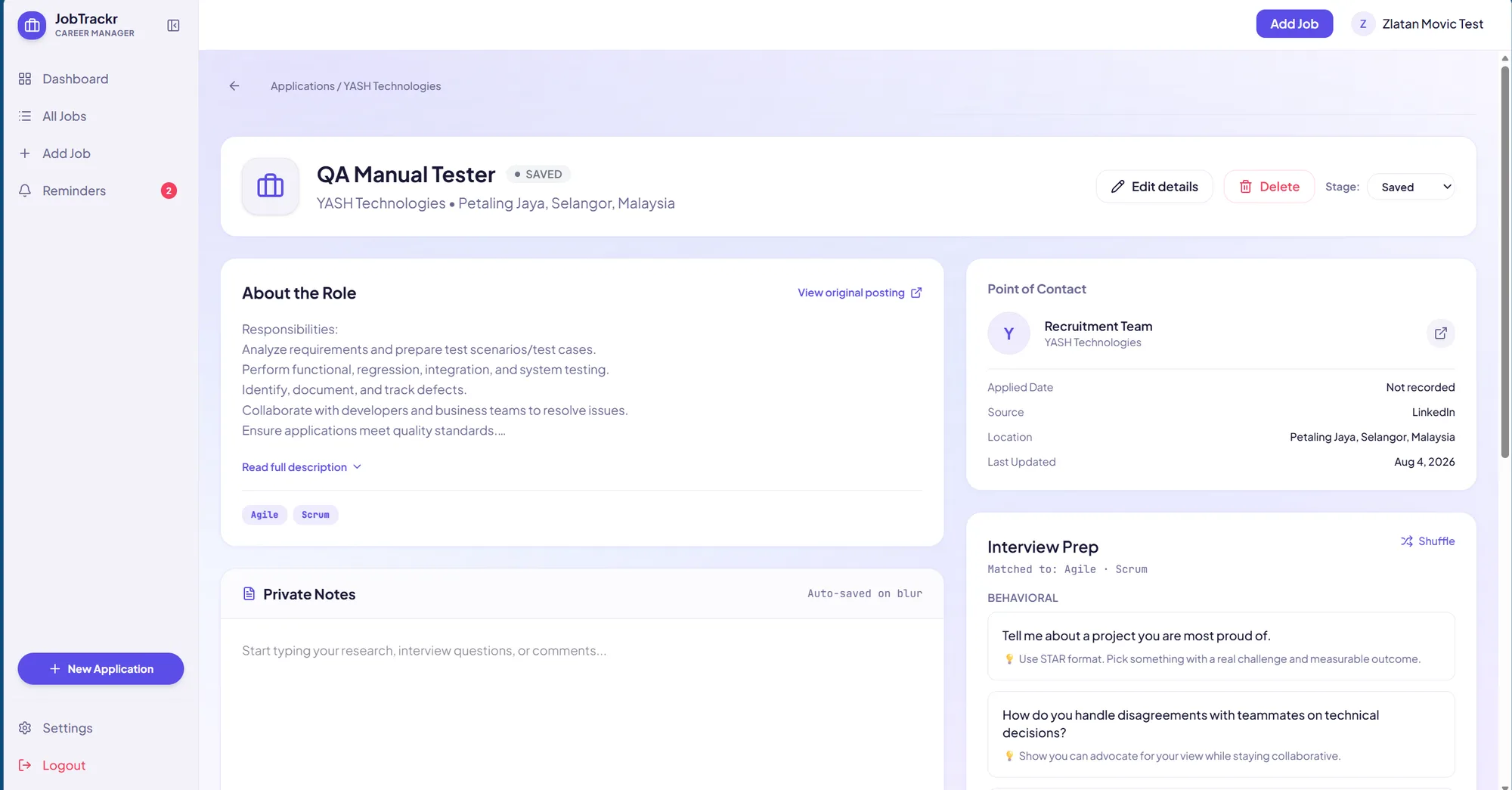 Interview prep panel with tag-matched questions
