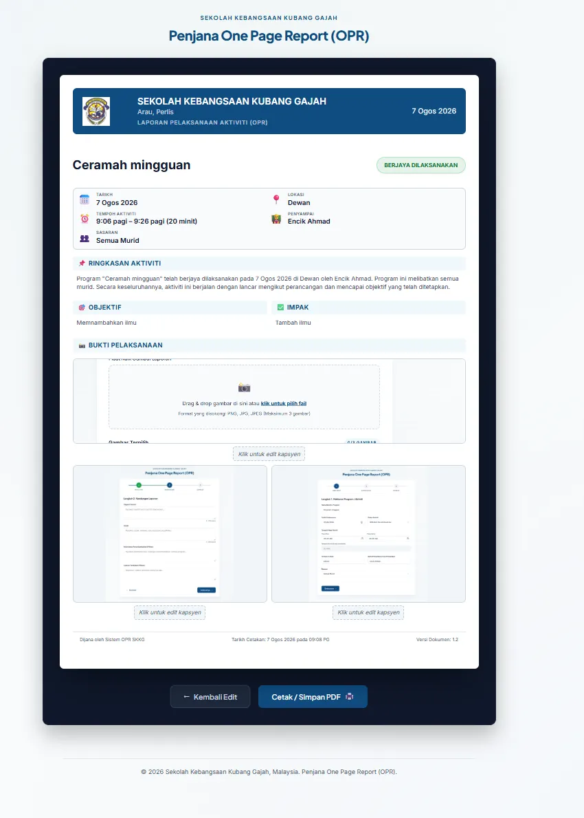 Generated OPR ready to print or save as PDF
