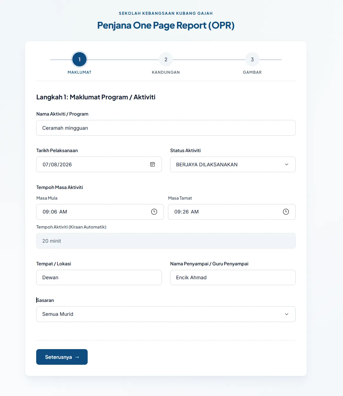 Step 1 — program details, with duration calculated automatically
