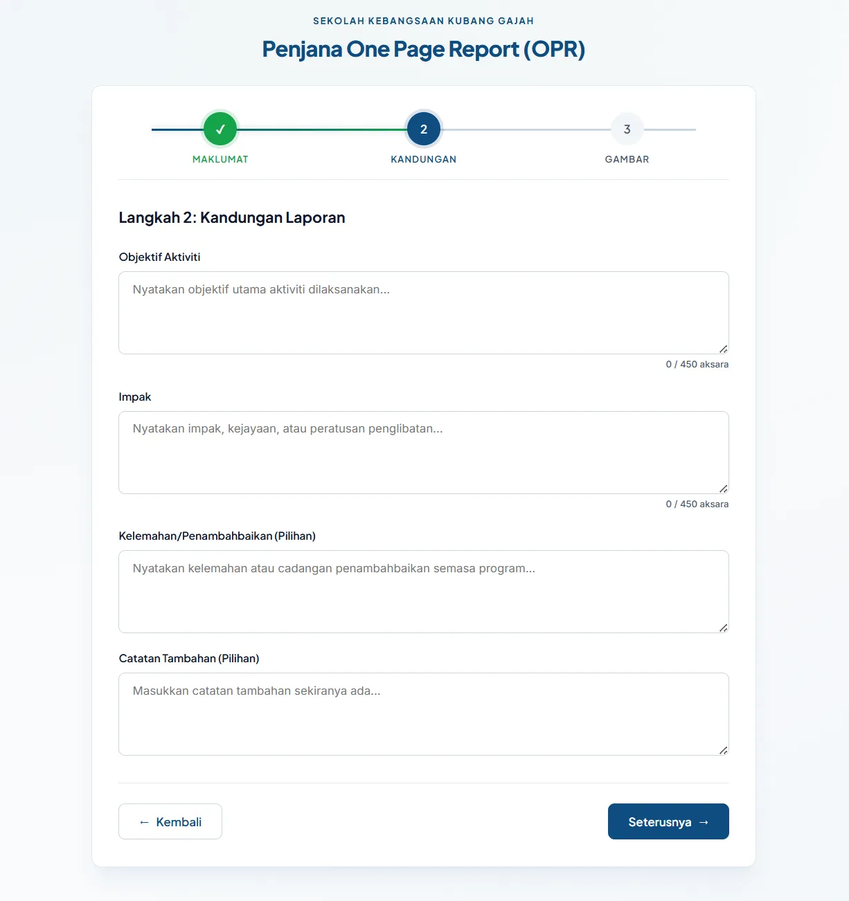 Step 2 — report content with live character counters